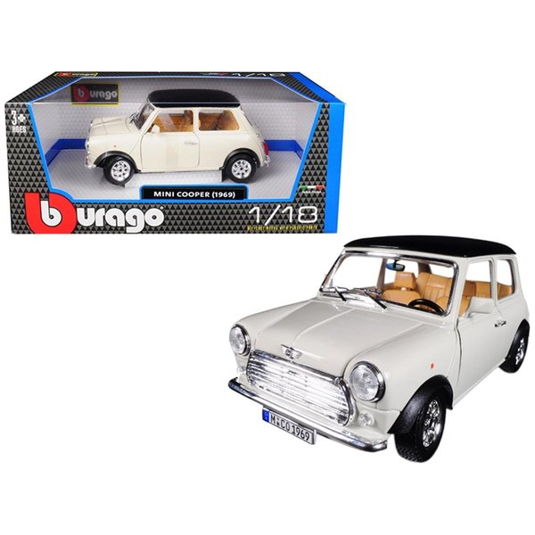 Bburago B  1-18 1969 Mini Cooper Diecast Model Car; Beige with Black Top 12036BG